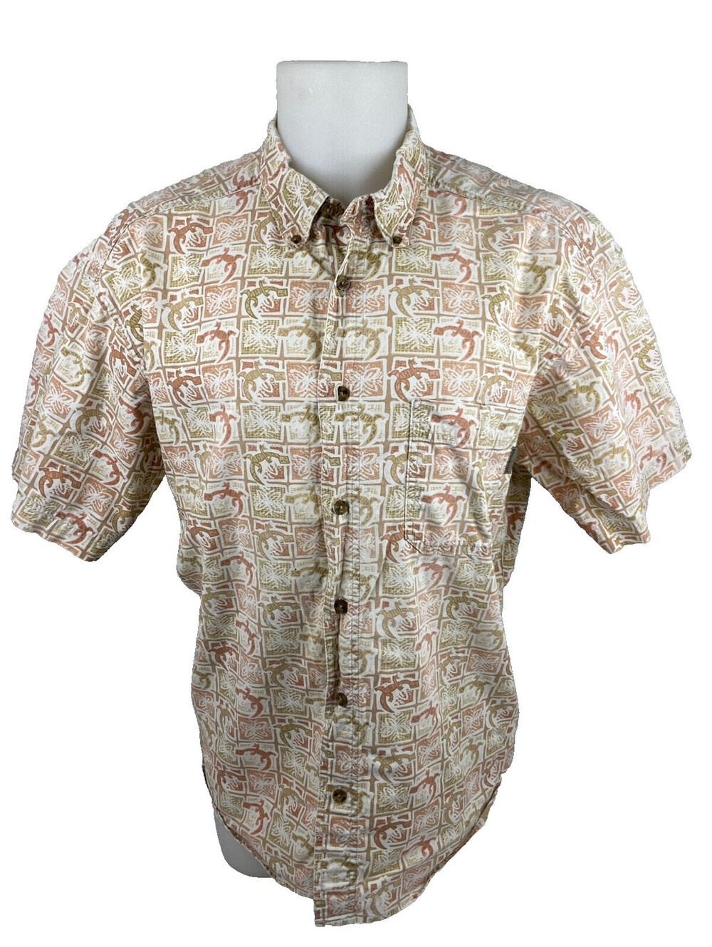 Woolrich Men 3XL Beige Button Front Shirt Lizard Tribal Pattern Casual Camp